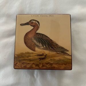 Vintage Anas Circia, Mas. lacquered coaster box with 6 coasters. Duck Grouse